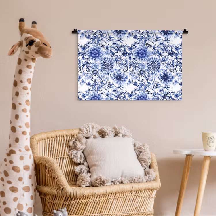 Bloemen - Blauw - Patroon - Wit Wandkleed katoen klein 269 -wsfeer5_kind