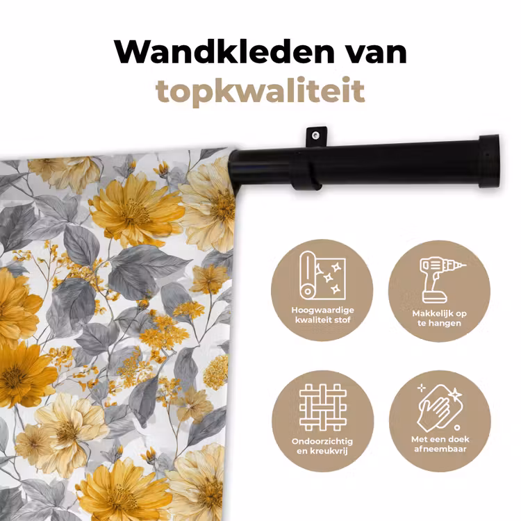 Bloemen - Botanisch - Elegant - Okergeel - Grijs Wandkleed katoen klein 269 -sfeer2