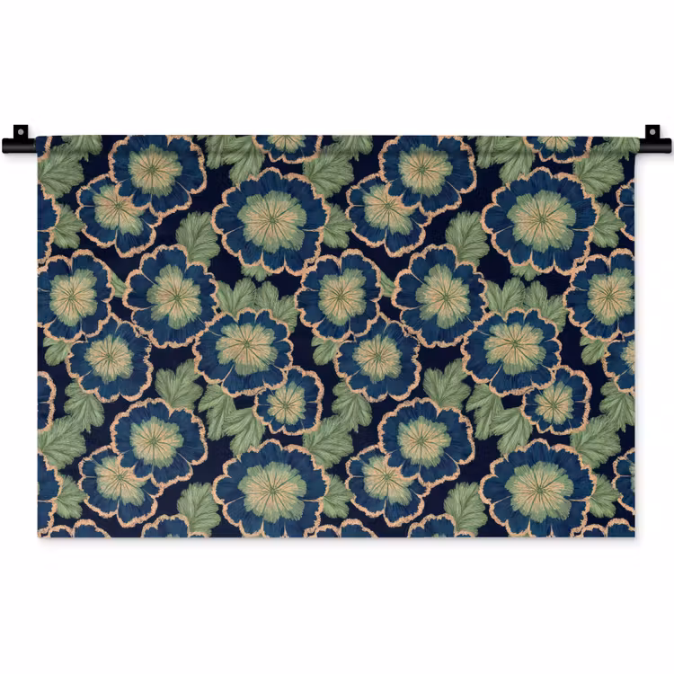 Bloemen - Borduurwerk - Patroon - Blauw - Groen Wandkleed katoen klein 269 -zz3d