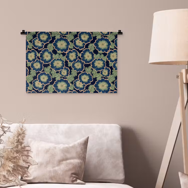 Bloemen - Borduurwerk - Patroon - Blauw - Groen Wandkleed katoen klein 269 -sfeer4