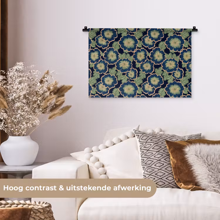 Bloemen - Borduurwerk - Patroon - Blauw - Groen Wandkleed katoen klein 269 -sfeer1
