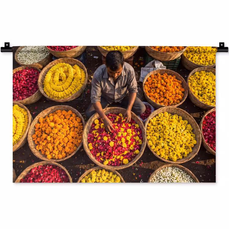 Wall Hanging - Flowers - Market - Colorful - Bloemen - Markt - Kleurrijk Wandkleed katoen klein