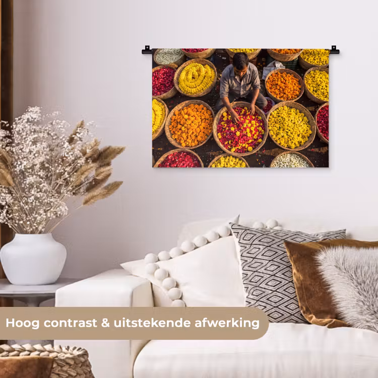 Wall Hanging - Flowers - Market - Colorful - Bloemen - Markt - Kleurrijk Wandkleed katoen klein