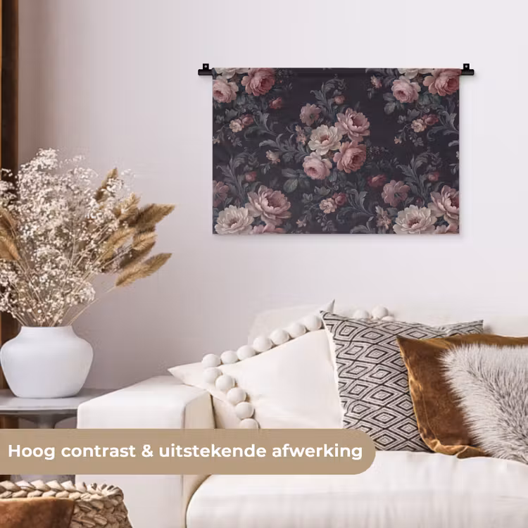 Bloemen - Patroon - Sierlijk - Roze - Donker Wandkleed katoen klein -sfeer1