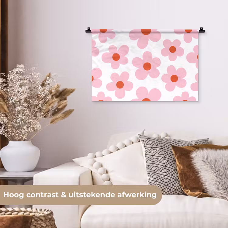 Bloemen - Patroon - Modern - Roze - Wit Wandkleed katoen klein -sfeer1