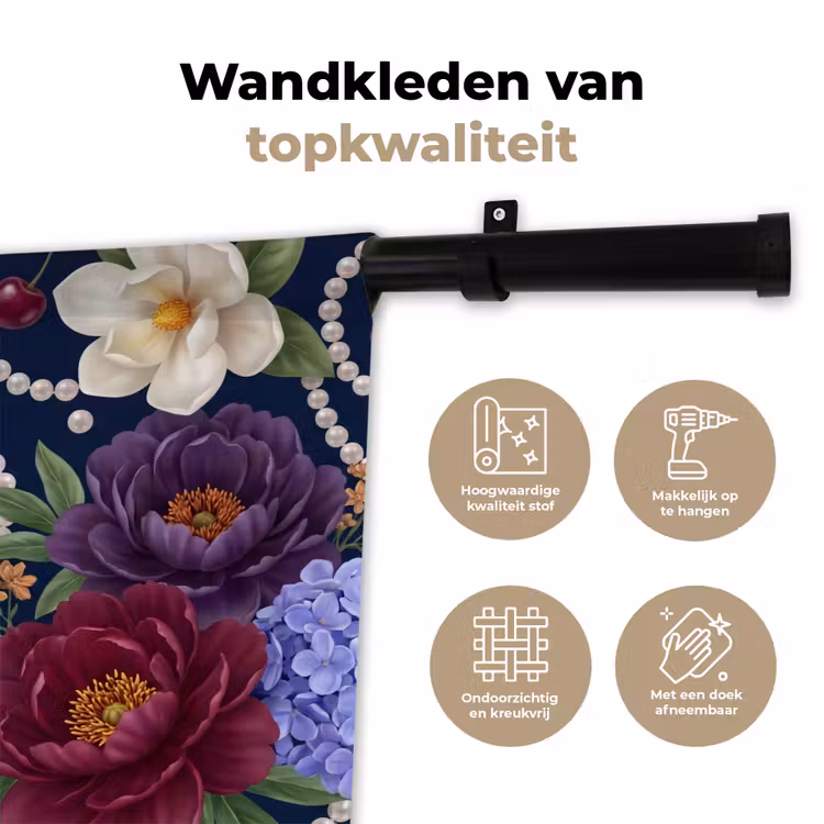 Bloemen - Parels - Decoratie - Modern - Blauw Wandkleed katoen klein -sfeer2