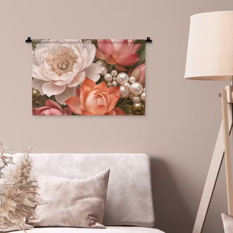 Bloemen - Parels - Elegant - Roze - Wit Wandkleed katoen klein -sfeer4