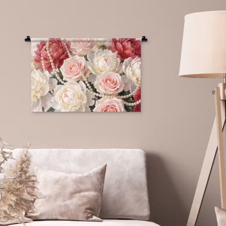 Bloemen - Parels - Romantiek - Klassiek - Roze Wandkleed katoen klein -sfeer4