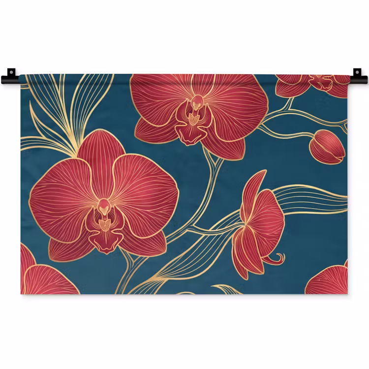 Wall Hanging - Flowers - Red - Gold - Bloemen - Rood - Goud Wandkleed katoen klein