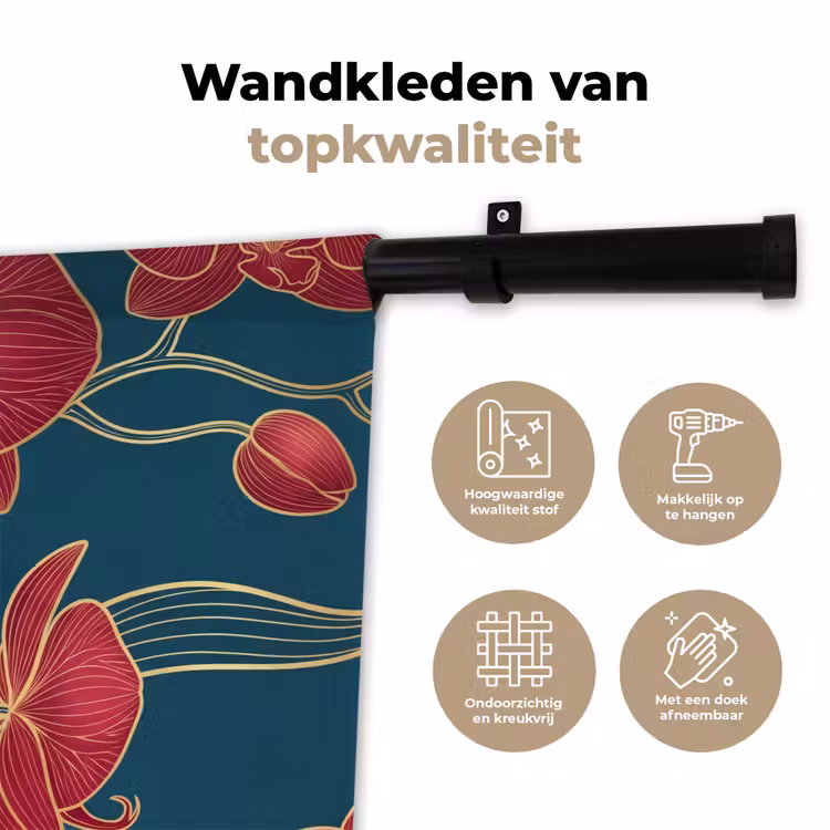 Wall Hanging - Flowers - Red - Gold - Bloemen - Rood - Goud Wandkleed katoen klein