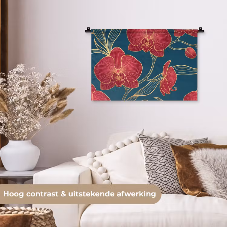 Wall Hanging - Flowers - Red - Gold - Bloemen - Rood - Goud Wandkleed katoen klein