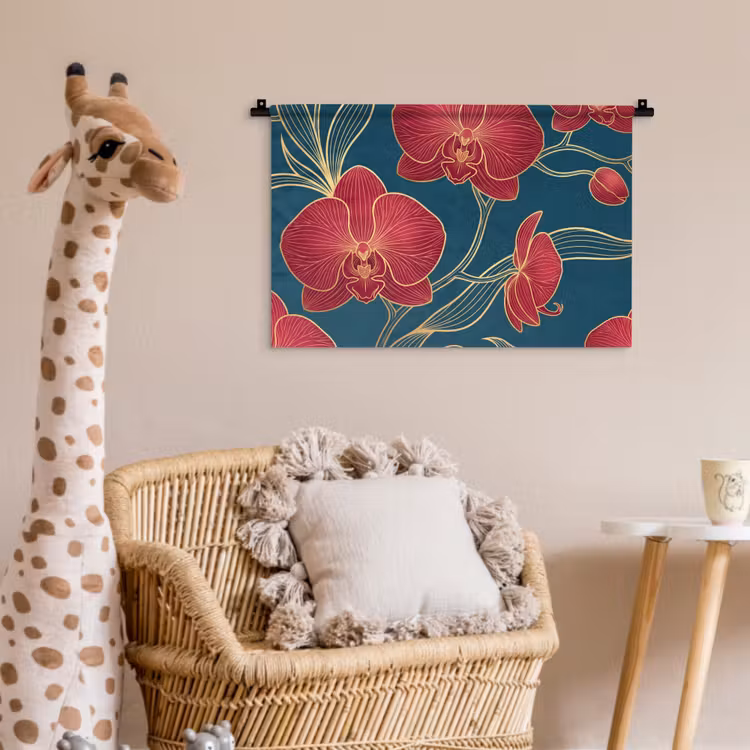 Wall Hanging - Flowers - Red - Gold - Bloemen - Rood - Goud Wandkleed katoen klein