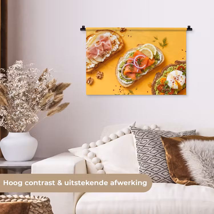 Eten - Brood - Ontbijt - Modern - Kleurrijk Wandkleed katoen klein -sfeer1