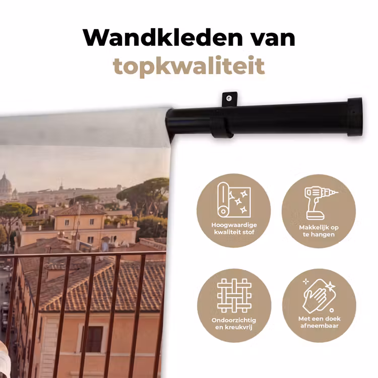 Eten - Ontbijt - Balkon - Stad - Zonsopgang Wandkleed katoen klein -sfeer2