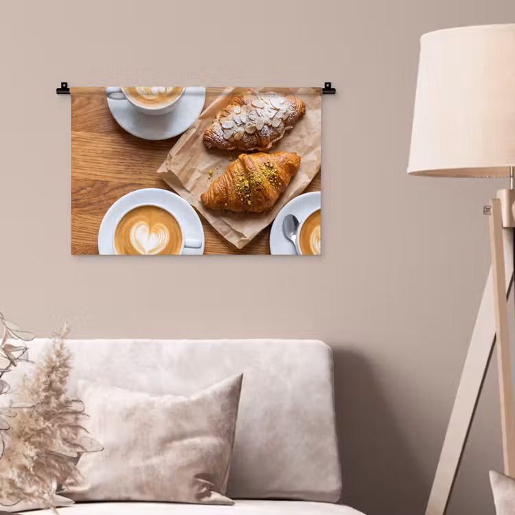 Eten - Croissant - Koffie - Ontbijt - Modern Wandkleed katoen klein -sfeer4