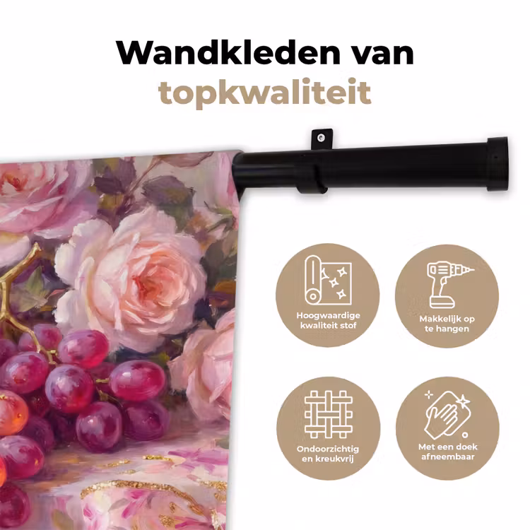 Eten - Bloemen - Stilleven - Roze - Goud Wandkleed katoen klein -sfeer2