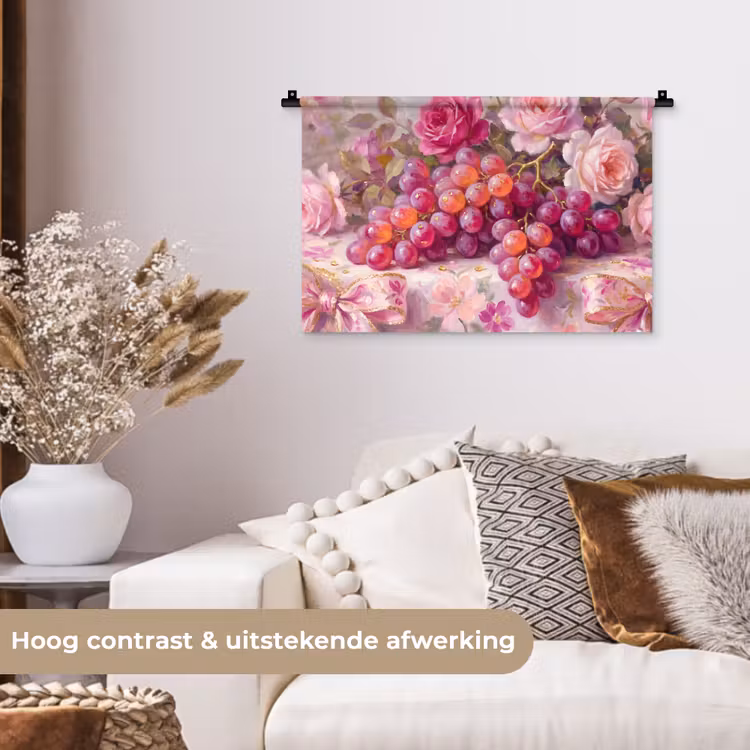 Eten - Bloemen - Stilleven - Roze - Goud Wandkleed katoen klein -sfeer1