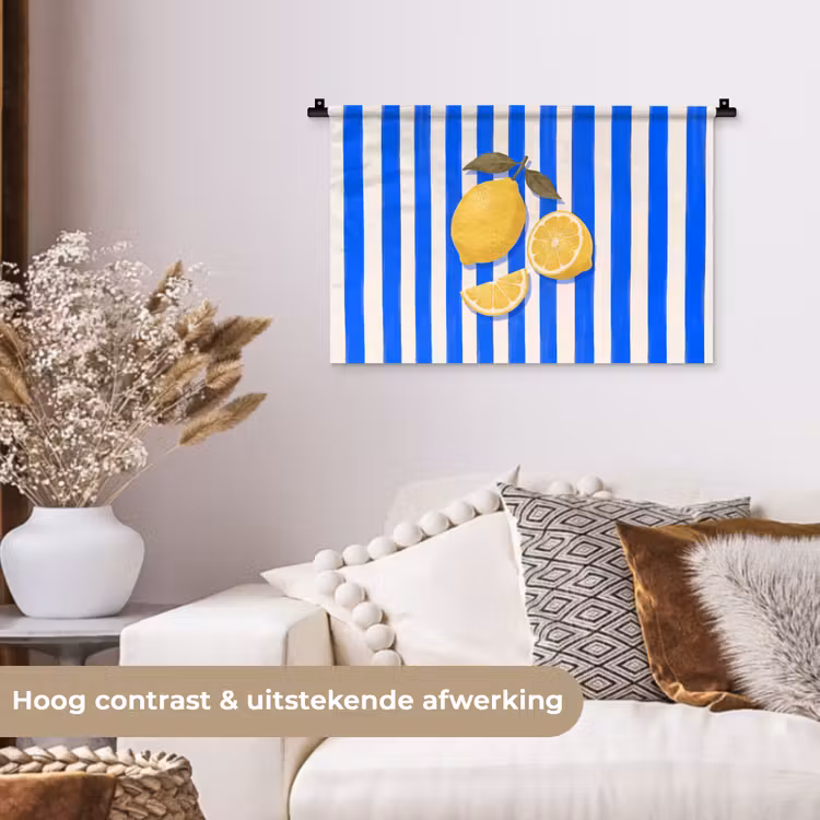 Fruit - Citroen - Zomer - Geel - Blauw Wandkleed katoen klein -sfeer1