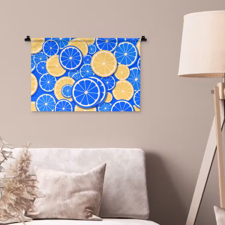 Fruit - Schijven - Patroon - Modern - Blauw - Geel Wandkleed katoen klein -sfeer4
