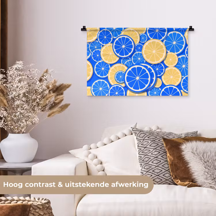 Fruit - Schijven - Patroon - Modern - Blauw - Geel Wandkleed katoen klein -sfeer1
