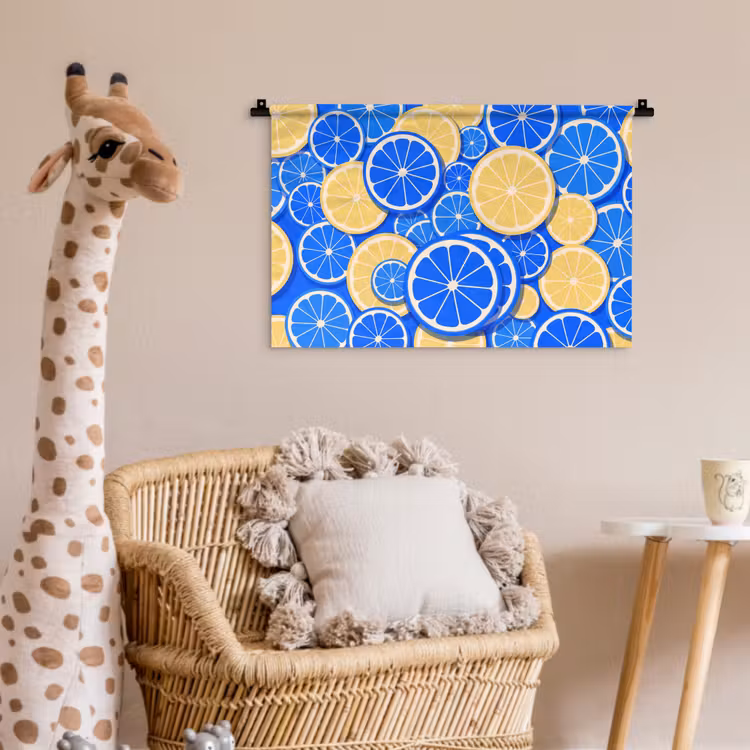 Fruit - Schijven - Patroon - Modern - Blauw - Geel Wandkleed katoen klein -wsfeer5_kind