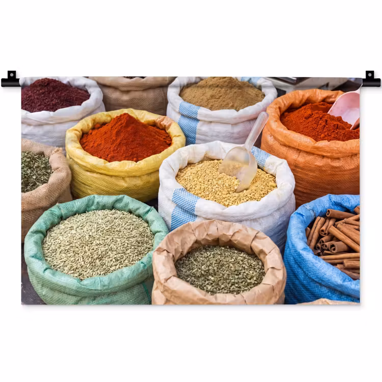 Wall Hanging - Herbs - Bags - Market - Kruiden - Zakken - Markt Wandkleed katoen klein