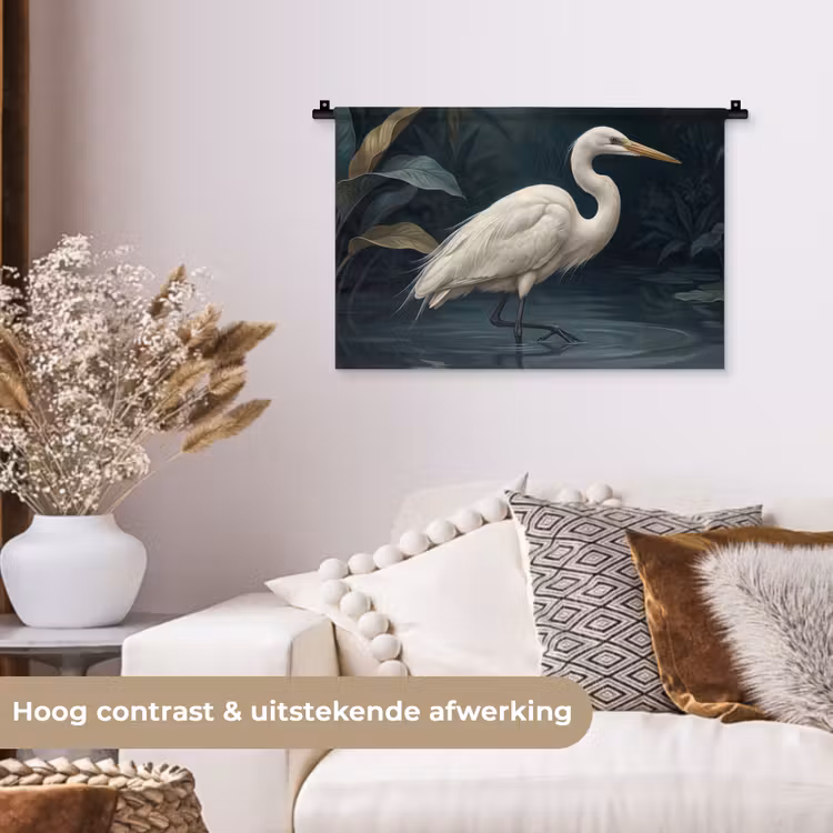 Reiger - Water - Natuur - Modern - Wit Wandkleed katoen klein -sfeer1