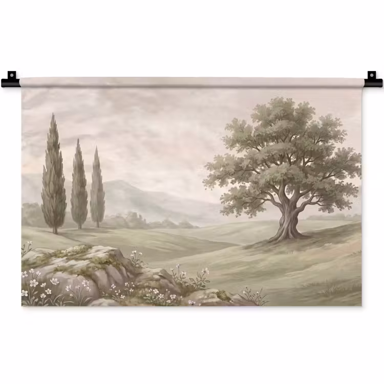 Heuvellandschap - Bomen - Natuur - Groen Wandkleed katoen klein -zz3d