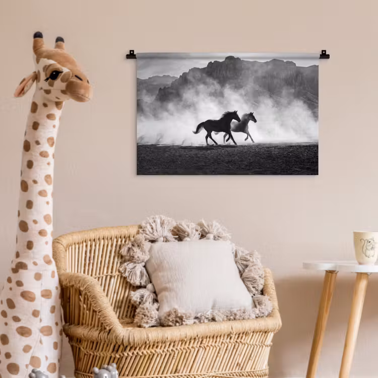 Paard - Ren - Stof - Zwart-wit - Dieren Wandkleed katoen klein -wsfeer5_kind