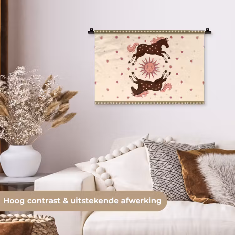 Paard - Zon - Mystiek - Illustratie - Roze Wandkleed katoen klein -sfeer1