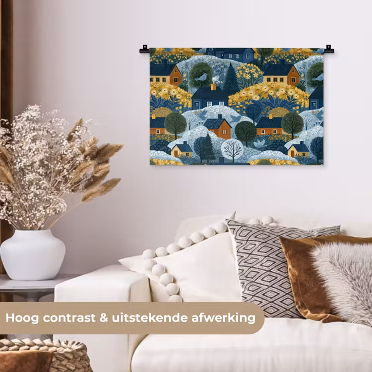 Huisjes - Bloemen - Patroon - Geel - Blauw Wandkleed katoen klein 269 -sfeer1