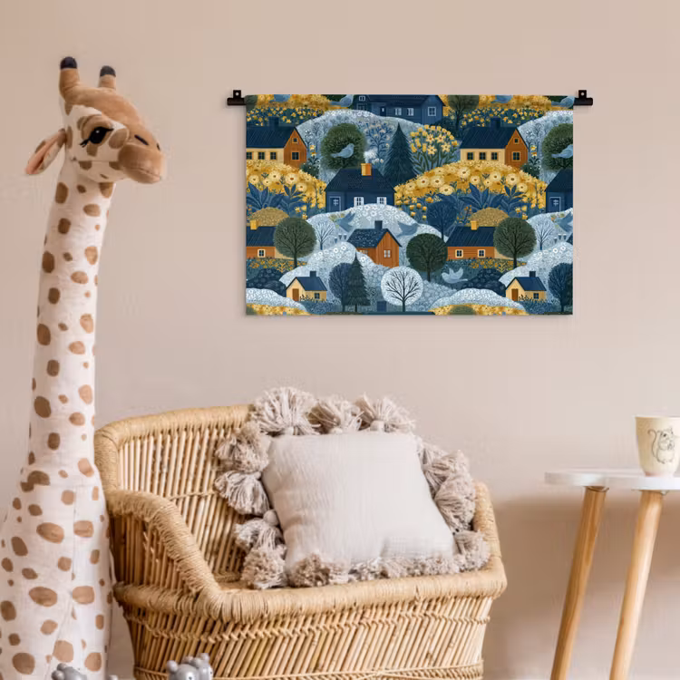 Huisjes - Bloemen - Patroon - Geel - Blauw Wandkleed katoen klein 269 -wsfeer5_kind