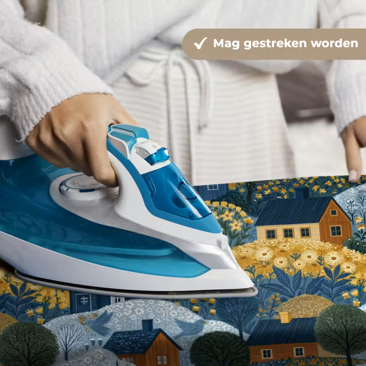 Huisjes - Bloemen - Patroon - Geel - Blauw Wandkleed katoen klein 269 -sfeer9