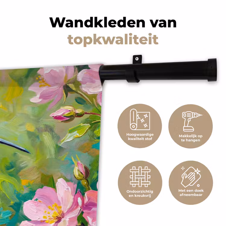 Kolibrie - Bloemen - Natuur - Kleurrijk Wandkleed katoen klein -sfeer2