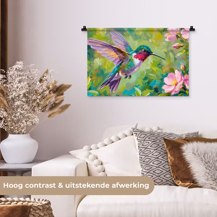 Kolibrie - Bloemen - Natuur - Kleurrijk Wandkleed katoen klein -sfeer1