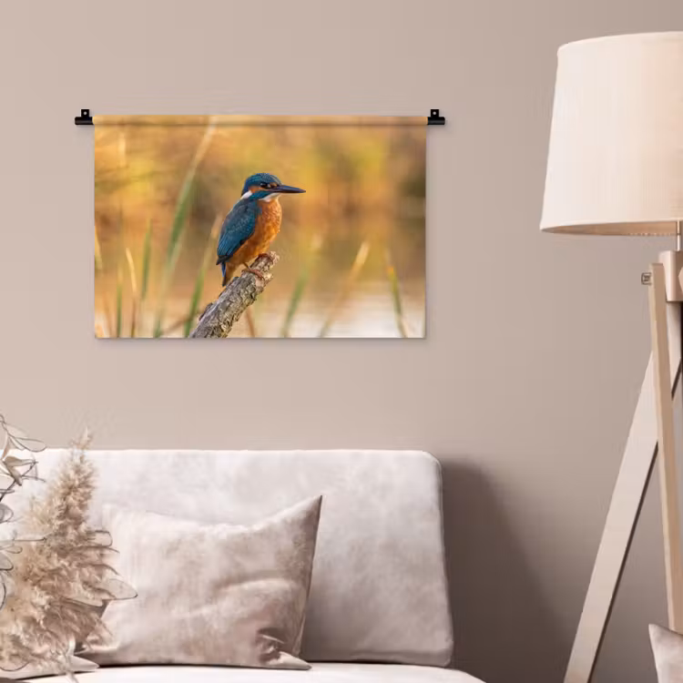 IJsvogel - Tak - Water - Kleurrijk - Levendig Wandkleed katoen klein -sfeer4