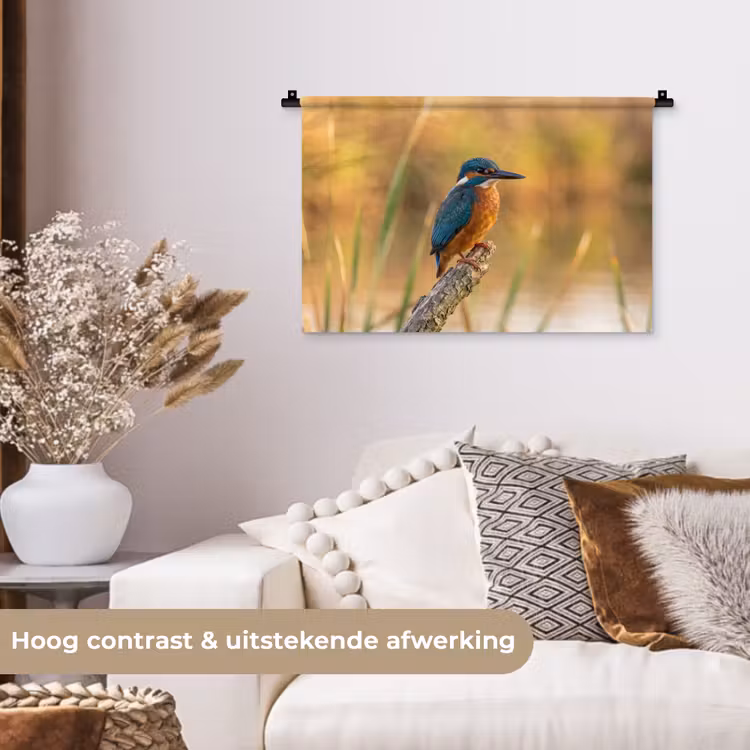 IJsvogel - Tak - Water - Kleurrijk - Levendig Wandkleed katoen klein -sfeer1