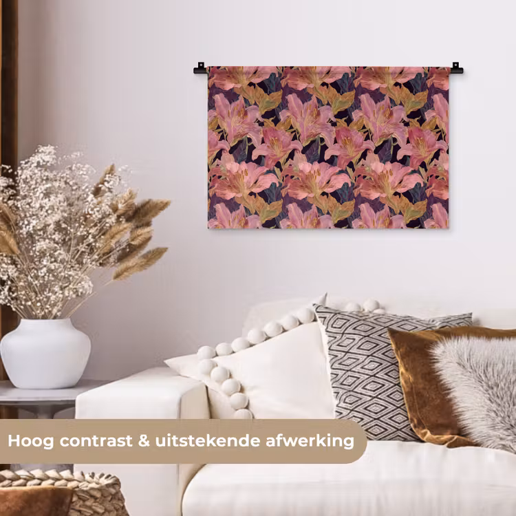 Lelies - Patroon - Roze - Goud Wandkleed katoen klein 269 -sfeer1