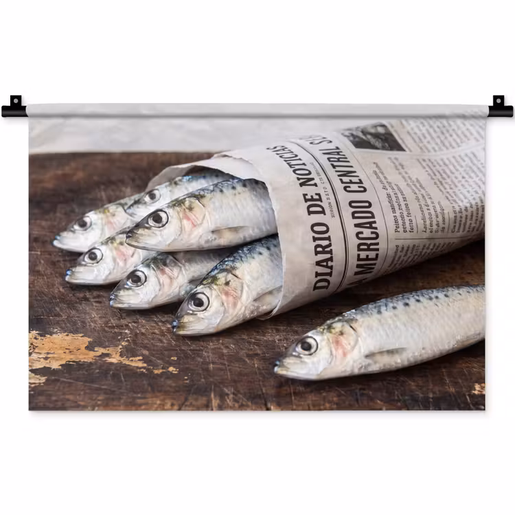 Wall Hanging - Little Sardine - newspaper - cutting board - Sardientje - krant - snijplank Wandkleed katoen klein