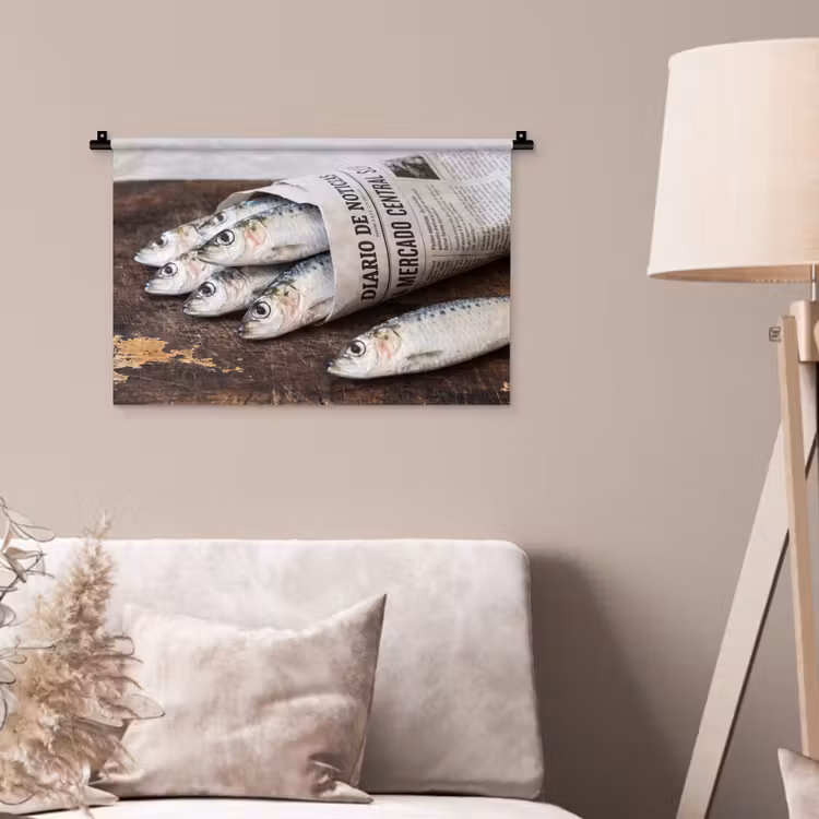 Wall Hanging - Little Sardine - newspaper - cutting board - Sardientje - krant - snijplank Wandkleed katoen klein