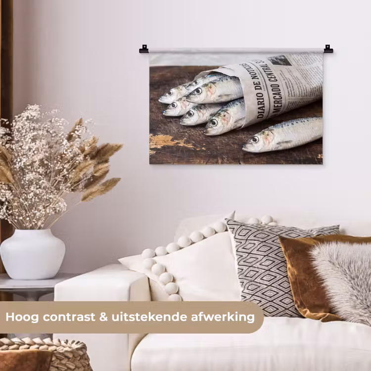 Wall Hanging - Little Sardine - newspaper - cutting board - Sardientje - krant - snijplank Wandkleed katoen klein