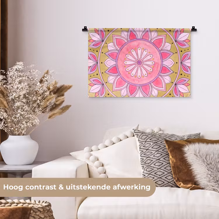 Mandala - Patroon - Kunst - Aquarel - Roze Wandkleed katoen klein -sfeer1