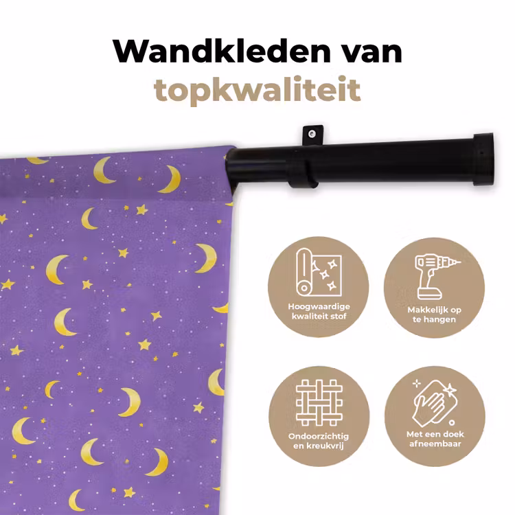 Manen - Sterren - Paars Wandkleed katoen klein 269 -sfeer2