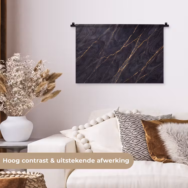 Marmer - Goudaders - Abstract - Modern - Zwart Wandkleed katoen klein -sfeer1
