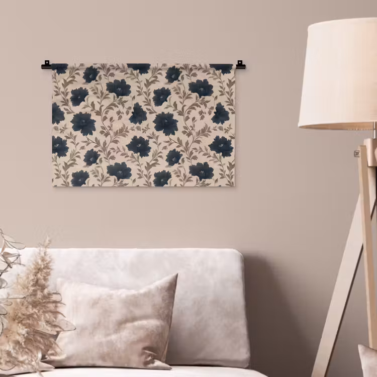 Motief - Bloemen - Zwart - Beige Wandkleed katoen klein 269 -sfeer4