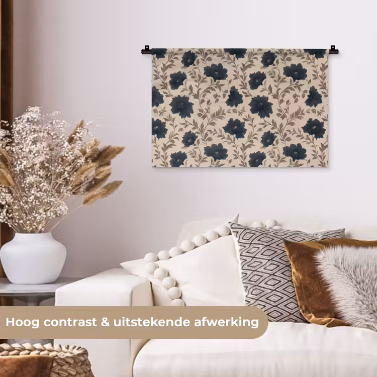 Motief - Bloemen - Zwart - Beige Wandkleed katoen klein 269 -sfeer1