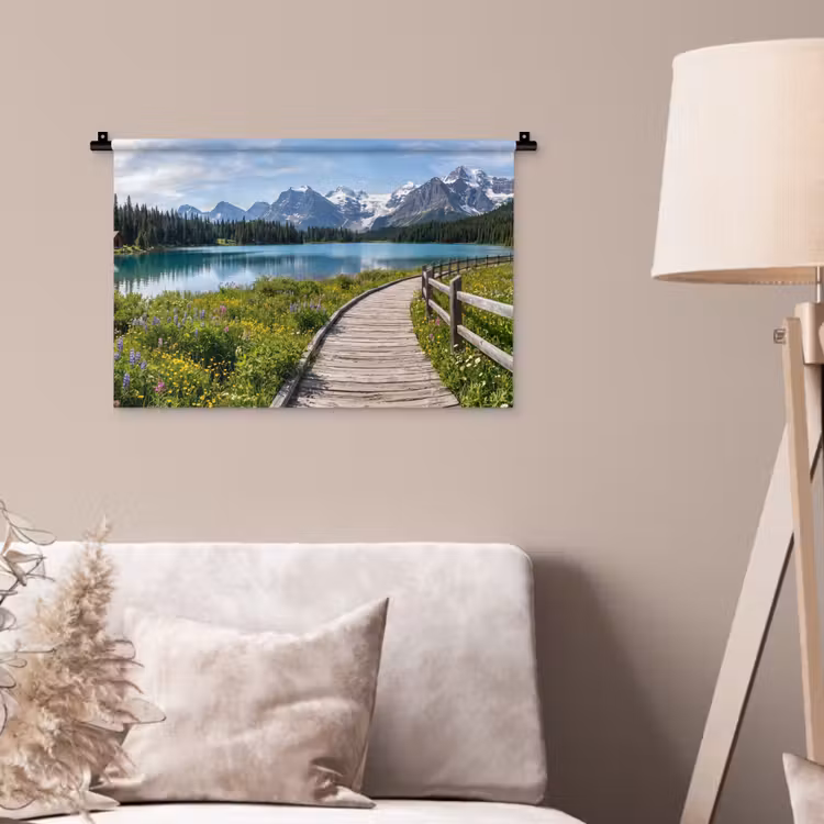 Bergen - Meer - Landschap - Blauw Wandkleed katoen klein -sfeer4