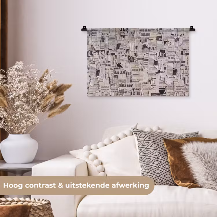 Krant - Gescheurd - Textuur - Abstract - Zwart-wit Wandkleed katoen klein -sfeer1
