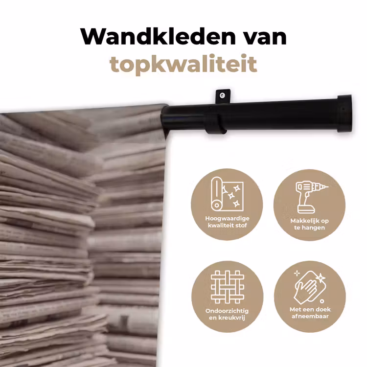Kranten - Stapel - Nieuws - Vintage - Beige Wandkleed katoen klein -sfeer2