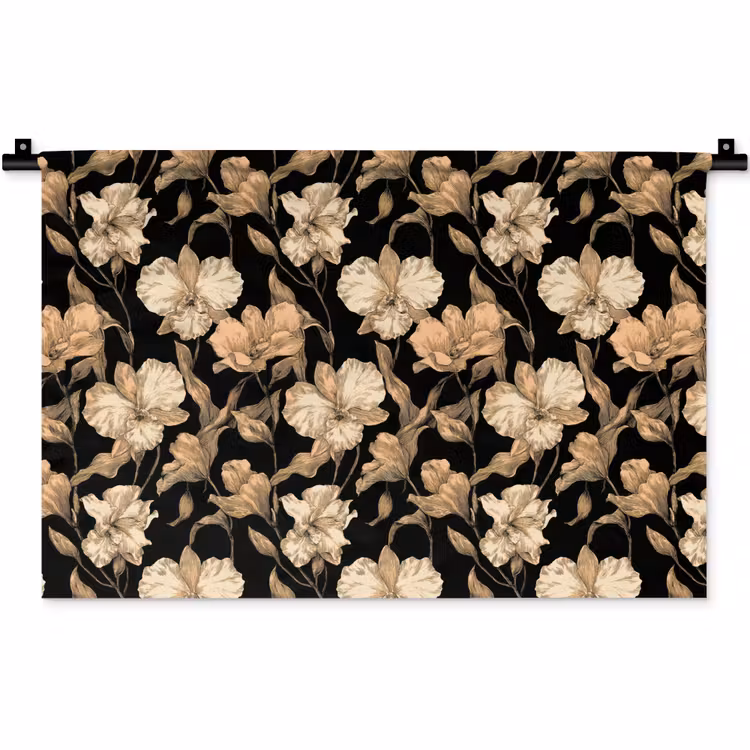 Orchideeën - Lijntekening - Patroon - Beige - Zwart Wandkleed katoen klein 269 -zz3d